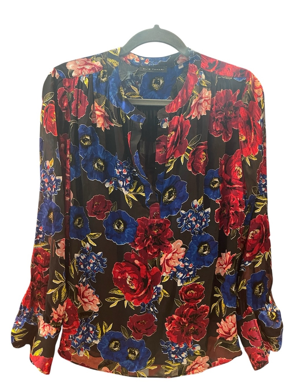 Elie Tahari Black Blouse w/ multicolor abstract floral print on black background